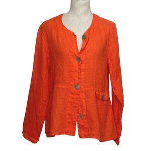 FLAX CORAL ORANGE LINEN LONG SLEEVE BUTTON DOWN TUNIC SHIRT - S